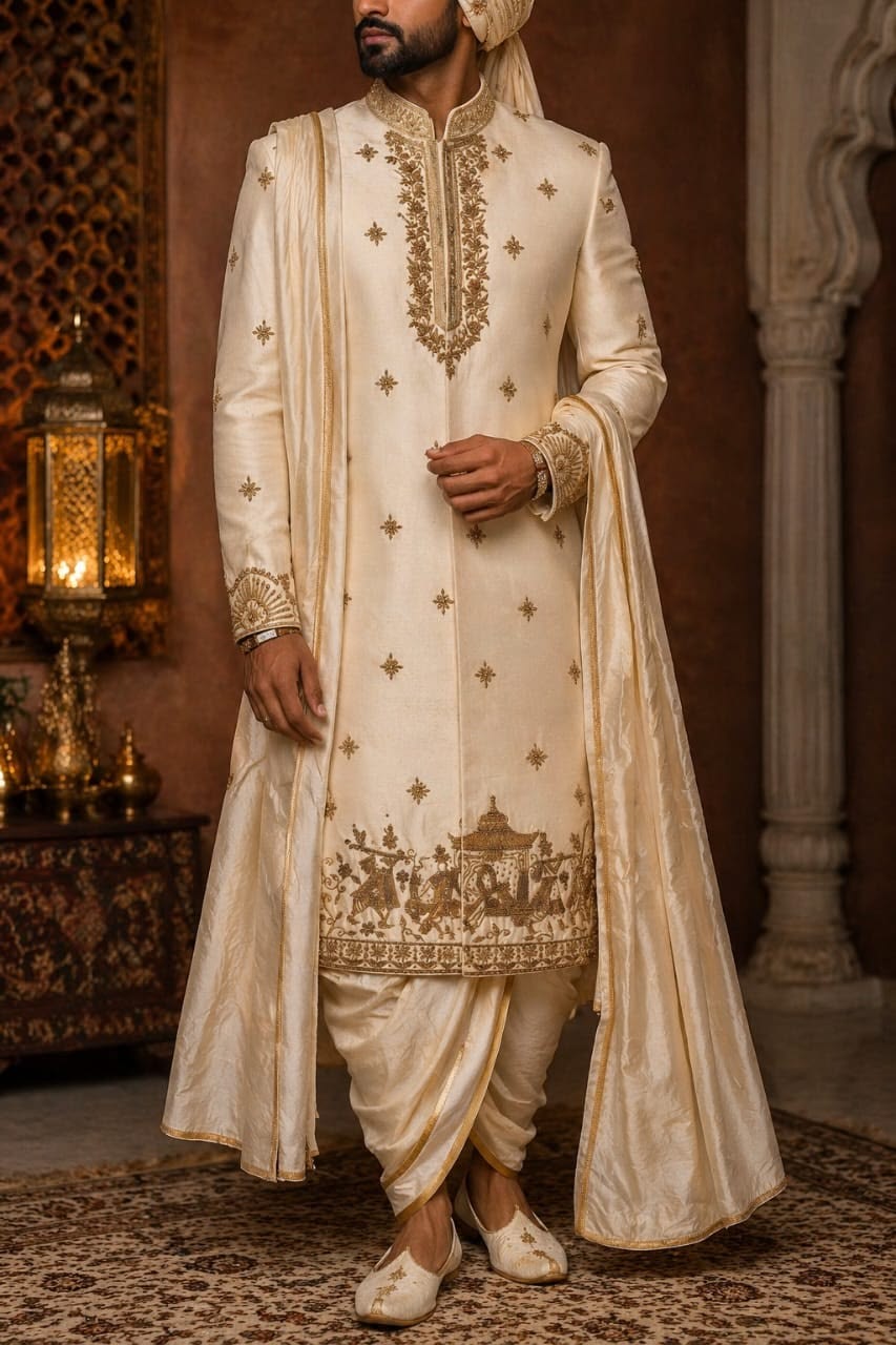 Gold Jamawar Sherwani Fabric