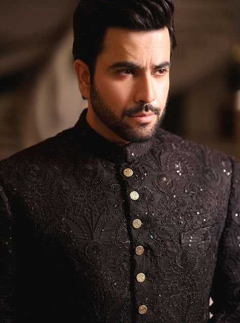 Black Brocade Sherwani Fabric